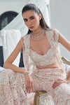 Istya_Pink Net Embroidery Sequin Jacket Open Floral Applique Flared Pant Set _Online_at_Aza_Fashions