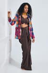 Buy_NA-KA_Brown Satin Gyrometric Crop Top V Neck Draped Skirt Set With Printed Blazer _at_Aza_Fashions