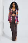 NA-KA_Brown Satin Gyrometric Crop Top V Neck Draped Skirt Set With Printed Blazer _Online_at_Aza_Fashions