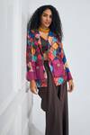 Buy_NA-KA_Brown Satin Gyrometric Crop Top V Neck Draped Skirt Set With Printed Blazer _Online_at_Aza_Fashions