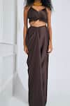 NA-KA_Brown Satin Gyrometric Crop Top V Neck Draped Skirt Set With Printed Blazer _at_Aza_Fashions