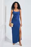 Buy_NA-KA_Blue Satin Solid Round Draped High Slit Dress _at_Aza_Fashions