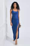 Buy_NA-KA_Blue Satin Solid Round Draped High Slit Dress _Online_at_Aza_Fashions