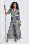 Buy_NA-KA_Blue Satin Geometric Notched Lapel Geomatic Print Jumpsuit _at_Aza_Fashions