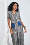 NA-KA_Blue Satin Geometric Notched Lapel Geomatic Print Jumpsuit _Online_at_Aza_Fashions