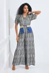 Buy_NA-KA_Blue Satin Geometric Notched Lapel Geomatic Print Jumpsuit _Online_at_Aza_Fashions