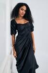 NA-KA_Black Satin Solid Sweetheart Cowl Detailed Gown _Online_at_Aza_Fashions