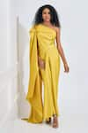 Buy_NA-KA_Yellow Satin Solid Asymmetric Flare Trail Side Top Maxi Dress _at_Aza_Fashions