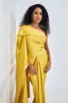 NA-KA_Yellow Satin Solid Asymmetric Flare Trail Side Top Maxi Dress _Online_at_Aza_Fashions