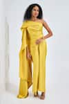 Buy_NA-KA_Yellow Satin Solid Asymmetric Flare Trail Side Top Maxi Dress _Online_at_Aza_Fashions