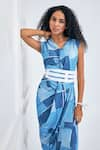 NA-KA_Blue Satin Printed Patchwork V Neck Drape Gown _Online_at_Aza_Fashions