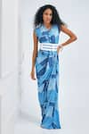 Shop_NA-KA_Blue Satin Printed Patchwork V Neck Drape Gown _Online_at_Aza_Fashions