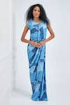 NA-KA_Blue Satin Printed Patchwork V Neck Drape Gown _at_Aza_Fashions