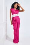 Buy_NA-KA_Fuchsia Satin Solid V Neck Gathered Detailed Drape Gown _at_Aza_Fashions