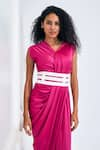 NA-KA_Fuchsia Satin Solid V Neck Gathered Detailed Drape Gown _Online_at_Aza_Fashions