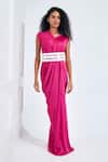 Buy_NA-KA_Fuchsia Satin Solid V Neck Gathered Detailed Drape Gown _Online_at_Aza_Fashions