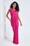 Shop_NA-KA_Fuchsia Satin Solid V Neck Gathered Detailed Drape Gown _Online_at_Aza_Fashions