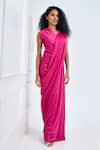 NA-KA_Fuchsia Satin Solid V Neck Gathered Detailed Drape Gown _at_Aza_Fashions