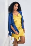 NA-KA_Yellow Satin Solid Dress Cowl Neck With Contrast Blazer Jacket _Online_at_Aza_Fashions