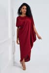 Buy_NA-KA_Red Satin Solid Round Plead Detailed Dress _at_Aza_Fashions