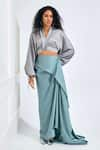 Buy_NA-KA_Silver Moss Satin Solid V Neck Flap Collar Crop Top And Skirt Set _at_Aza_Fashions