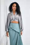 Buy_NA-KA_Silver Moss Satin Solid V Neck Flap Collar Crop Top And Skirt Set _Online_at_Aza_Fashions