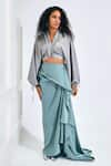 Shop_NA-KA_Silver Moss Satin Solid V Neck Flap Collar Crop Top And Skirt Set _Online_at_Aza_Fashions