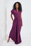 Buy_NA-KA_Wine Satin Solid V Neck Collar Gown _at_Aza_Fashions