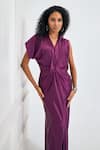 Buy_NA-KA_Wine Satin Solid V Neck Collar Gown _Online_at_Aza_Fashions