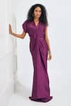 Shop_NA-KA_Wine Satin Solid V Neck Collar Gown _Online_at_Aza_Fashions