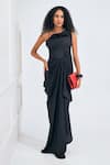 Buy_NA-KA_Black Satin Solid Asymmetric One Shoulder Gown _at_Aza_Fashions