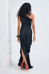 Shop_NA-KA_Black Satin Solid Asymmetric One Shoulder Gown _at_Aza_Fashions