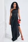 NA-KA_Black Satin Solid Asymmetric One Shoulder Gown _Online_at_Aza_Fashions