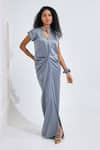 Buy_NA-KA_Grey Satin Solid V Neck Short Sleeve Draped Gown _at_Aza_Fashions