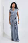 NA-KA_Grey Satin Solid V Neck Short Sleeve Draped Gown _Online_at_Aza_Fashions