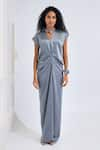 Shop_NA-KA_Grey Satin Solid V Neck Short Sleeve Draped Gown _Online_at_Aza_Fashions