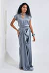 NA-KA_Grey Satin Solid V Neck Short Sleeve Draped Gown _at_Aza_Fashions