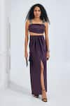 NA-KA_Purple Moss Satin Solid Straight Adjustable Shoulder Crop Top With Skirt _Online_at_Aza_Fashions