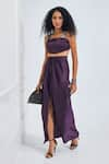 Shop_NA-KA_Purple Moss Satin Solid Straight Adjustable Shoulder Crop Top With Skirt _Online_at_Aza_Fashions