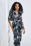 Buy_NA-KA_Black Satin Printed Patchwork V Neck Drape Dress _Online_at_Aza_Fashions