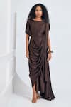 Buy_NA-KA_Brown Satin Solid Boat Neck Drape Gown _at_Aza_Fashions