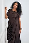 NA-KA_Brown Satin Solid Boat Neck Drape Gown _Online_at_Aza_Fashions