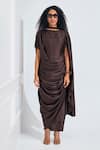 Buy_NA-KA_Brown Satin Solid Boat Neck Drape Gown _Online_at_Aza_Fashions