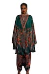 Rajdeep Ranawat_Green Kaftan Silk Print Boho Floral Band Collar Farah With Dhoti Pant _Online_at_Aza_Fashions