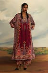Buy_Rajdeep Ranawat_Red Silk, Modal Embroidery V-neck Banera Permaz Print Kimono Tunic With Palazzo _at_Aza_Fashions