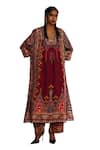 Rajdeep Ranawat_Red Silk, Modal Embroidery V-neck Banera Permaz Print Kimono Tunic With Palazzo _at_Aza_Fashions