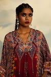 Buy_Rajdeep Ranawat_Red Silk, Modal Embroidery V-neck Banera Permaz Print Kimono Tunic With Palazzo 