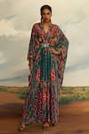 Buy_Rajdeep Ranawat_Green Silk Print Boho V Neck Imama Floral Kaftan _at_Aza_Fashions