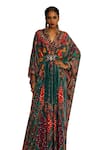 Rajdeep Ranawat_Green Silk Print Boho V Neck Imama Floral Kaftan _Online_at_Aza_Fashions