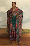 Shop_Rajdeep Ranawat_Green Silk Print Boho V Neck Imama Floral Kaftan _Online_at_Aza_Fashions